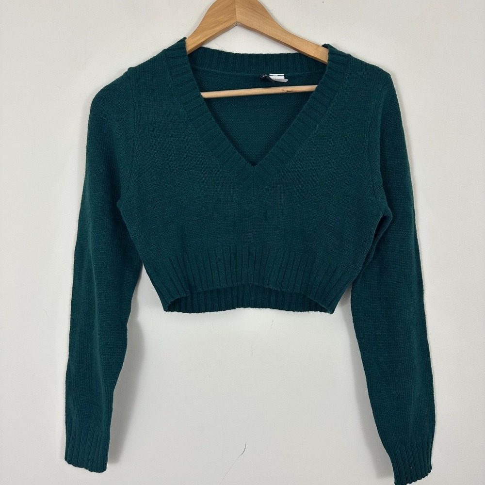 H&M Divided Y2K Academia Sweater Emerald Green Knitted V-Neck Cropped Small